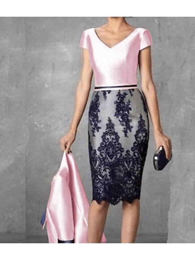 Sheath / Column Mother of the Bride Dress Plus Size Vintage Jewel Neck Knee Length Polyester 3/4 Length Sleeve with Lace - RongMoon