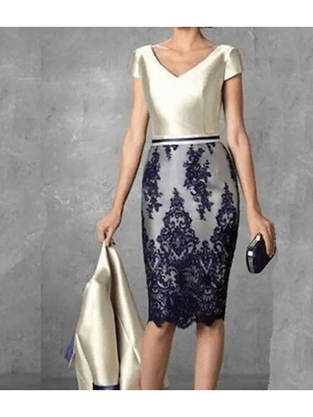 Sheath / Column Mother of the Bride Dress Plus Size Vintage Jewel Neck Knee Length Polyester 3/4 Length Sleeve with Lace - RongMoon