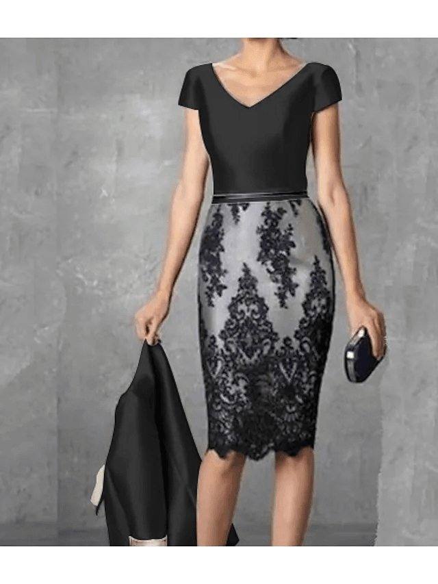 Sheath / Column Mother of the Bride Dress Plus Size Vintage Jewel Neck Knee Length Polyester 3/4 Length Sleeve with Lace - RongMoon