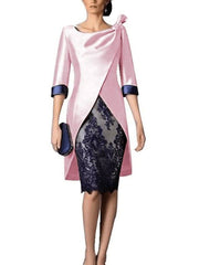 Sheath / Column Mother of the Bride Dress Plus Size Vintage Jewel Neck Knee Length Polyester 3/4 Length Sleeve with Lace - RongMoon