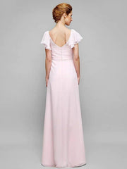Sheath / Column Mother of the Bride Dress Scoop Neck Floor Length Chiffon Short Sleeve with Crystals Draping - RongMoon
