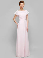 Sheath / Column Mother of the Bride Dress Scoop Neck Floor Length Chiffon Short Sleeve with Crystals Draping - RongMoon