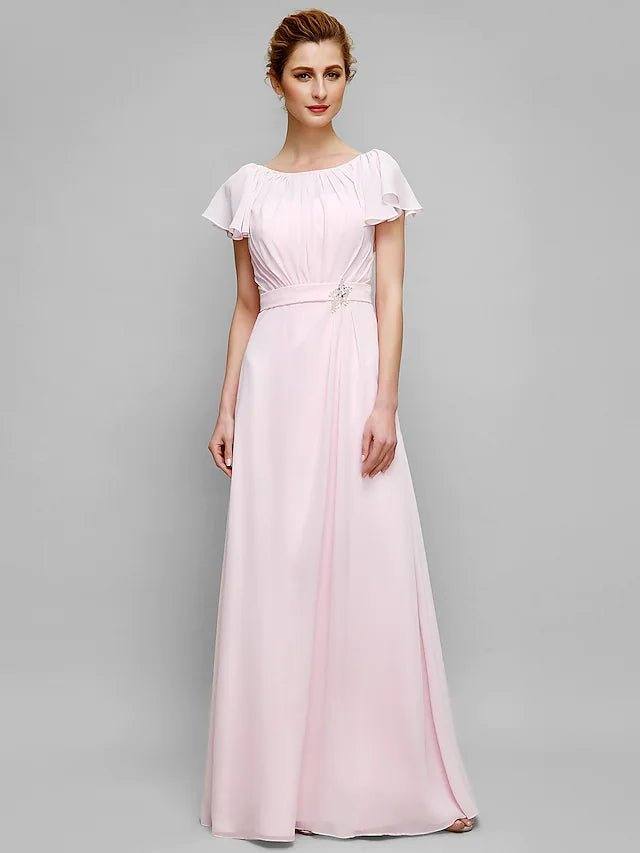 Sheath / Column Mother of the Bride Dress Scoop Neck Floor Length Chiffon Short Sleeve with Crystals Draping - RongMoon
