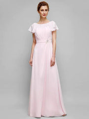 Sheath / Column Mother of the Bride Dress Scoop Neck Floor Length Chiffon Short Sleeve with Crystals Draping - RongMoon