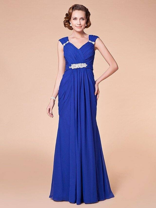 Sheath / Column Mother of the Bride Dress Sparkle & Shine V Neck Floor Length Chiffon Sleeveless with Criss Cross Beading Draping - RongMoon