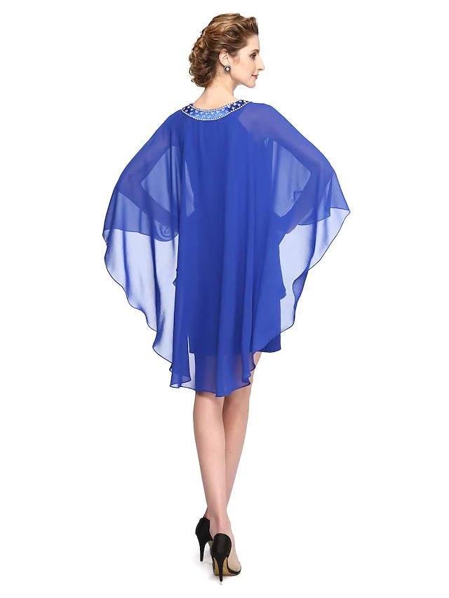 Sheath / Column Mother of the Bride Dress Two Piece Jewel Neck Short / Mini Chiffon Charmeuse Sleeveless with Pleats Beading - RongMoon