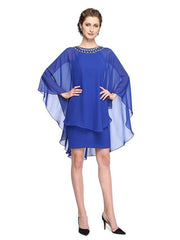 Sheath / Column Mother of the Bride Dress Two Piece Jewel Neck Short / Mini Chiffon Charmeuse Sleeveless with Pleats Beading - RongMoon