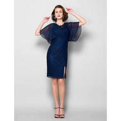 Sheath / Column Mother of the Bride Dress V Neck Knee Length Chiffon Lace Half Sleeve with Criss Cross Split Front - RongMoon