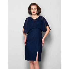 Sheath / Column Mother of the Bride Dress V Neck Knee Length Chiffon Lace Half Sleeve with Criss Cross Split Front - RongMoon