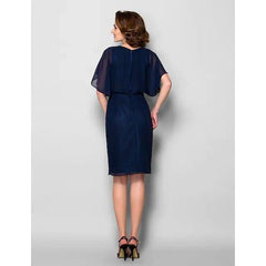 Sheath / Column Mother of the Bride Dress V Neck Knee Length Chiffon Lace Half Sleeve with Criss Cross Split Front - RongMoon