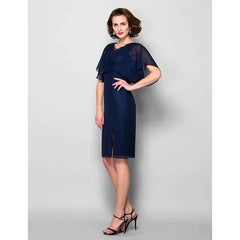 Sheath / Column Mother of the Bride Dress V Neck Knee Length Chiffon Lace Half Sleeve with Criss Cross Split Front - RongMoon
