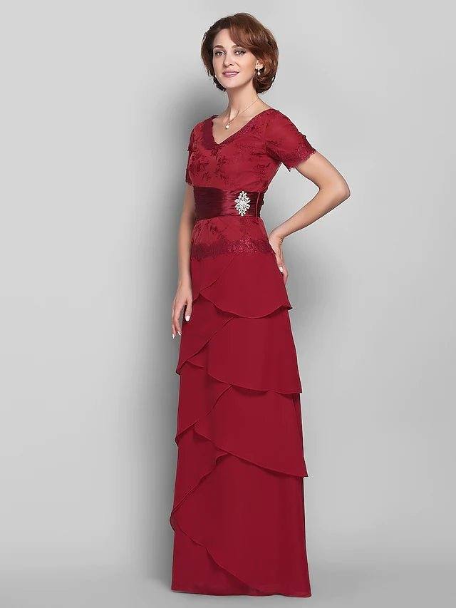 Sheath / Column Mother of the Bride Dress Vintage Inspired V Neck Floor Length Chiffon Lace Short Sleeve with Lace - RongMoon