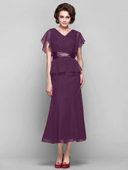 Sheath / Column Mother of the Bride Dress Vintage Inspired V Neck Tea Length Chiffon Short Sleeve with Sash / Ribbon Criss Cross Crystals 2022 / Poet Sleeve - RongMoon