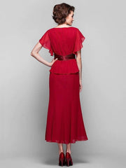 Sheath / Column Mother of the Bride Dress Vintage Inspired V Neck Tea Length Chiffon Short Sleeve with Sash / Ribbon Criss Cross Crystals 2022 / Poet Sleeve - RongMoon
