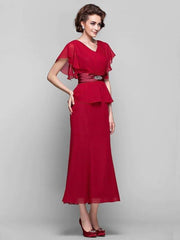 Sheath / Column Mother of the Bride Dress Vintage Inspired V Neck Tea Length Chiffon Short Sleeve with Sash / Ribbon Criss Cross Crystals 2022 / Poet Sleeve - RongMoon