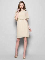 Sheath / Column Mother of the Bride Dress Wrap Included Bateau Neck Knee Length Georgette Half Sleeve with - RongMoon