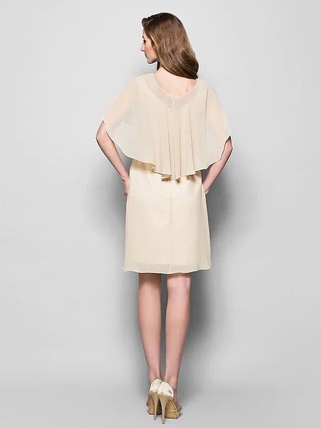 Sheath / Column Mother of the Bride Dress Wrap Included Bateau Neck Knee Length Georgette Half Sleeve with - RongMoon