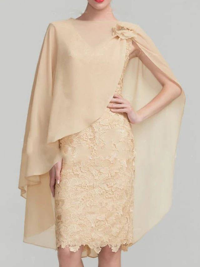 Sheath / Column Mother of the Bride Dress Wrap Included Jewel Neck Knee Length Chiffon Sleeveless with Lace Appliques - RongMoon
