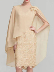 Sheath / Column Mother of the Bride Dress Wrap Included Jewel Neck Knee Length Chiffon Sleeveless with Lace Appliques - RongMoon