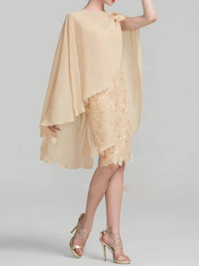 Sheath / Column Mother of the Bride Dress Wrap Included Jewel Neck Knee Length Chiffon Sleeveless with Lace Appliques - RongMoon
