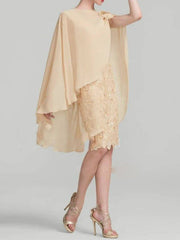 Sheath / Column Mother of the Bride Dress Wrap Included Jewel Neck Knee Length Chiffon Sleeveless with Lace Appliques - RongMoon