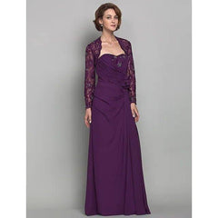 Sheath / Column Mother of the Bride Dress Wrap Included Sweetheart Neckline Floor Length Chiffon Lace Long Sleeve with Lace Criss Cross Ruched - RongMoon