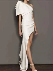 Sheath / Column Wedding Dresses One Shoulder Asymmetrical Short / Mini Italy Satin Sleeveless Simple Sexy with Bow(s) Ruched - RongMoon