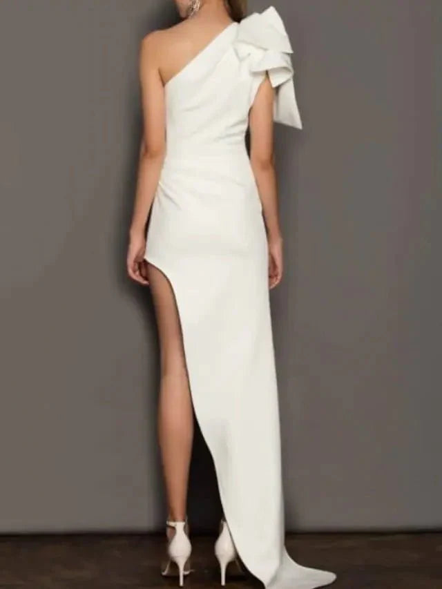 Sheath / Column Wedding Dresses One Shoulder Asymmetrical Short / Mini Italy Satin Sleeveless Simple Sexy with Bow(s) Ruched - RongMoon