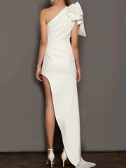 Sheath / Column Wedding Dresses One Shoulder Asymmetrical Short / Mini Italy Satin Sleeveless Simple Sexy with Bow(s) Ruched - RongMoon
