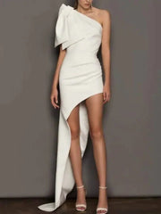 Sheath / Column Wedding Dresses One Shoulder Asymmetrical Short / Mini Italy Satin Sleeveless Simple Sexy with Bow(s) Ruched - RongMoon
