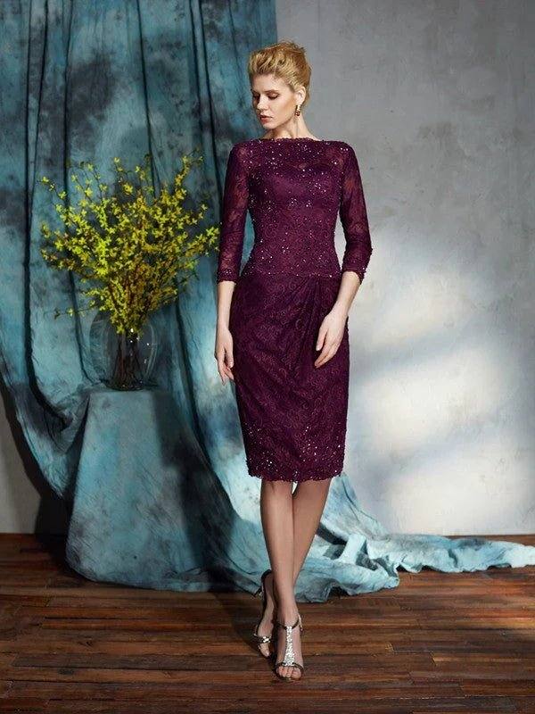 Sheath/Column Bateau Lace 3/4 Sleeves Short Lace Mother of the Bride Dresses - RongMoon