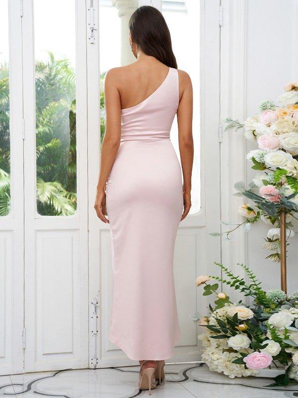 Sheath/Column Charmeuse Ruched One-Shoulder Sleeveless Ankle-Length Bridesmaid Dresses - RongMoon