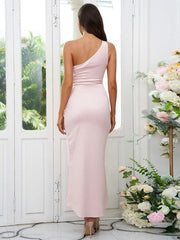 Sheath/Column Charmeuse Ruched One-Shoulder Sleeveless Ankle-Length Bridesmaid Dresses - RongMoon