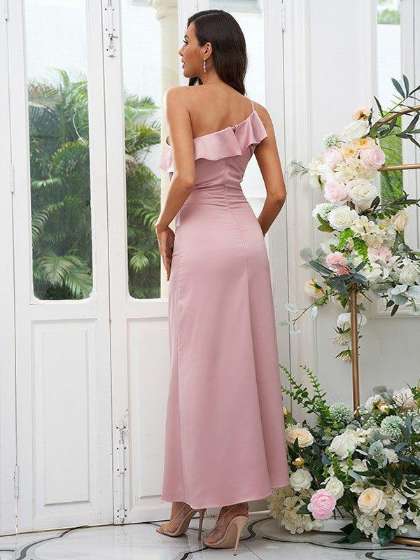 Sheath/Column Charmeuse Ruffles One-Shoulder Sleeveless Ankle-Length Bridesmaid Dresses - RongMoon