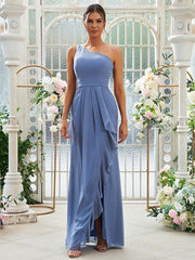 Sheath/Column Chiffon Ruffles One-Shoulder Sleeveless Floor-Length Bridesmaid Dresses - RongMoon