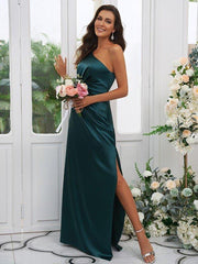 Sheath/Column Elastic Woven Satin Ruched One-Shoulder Sleeveless Floor-Length Bridesmaid Dresses - RongMoon