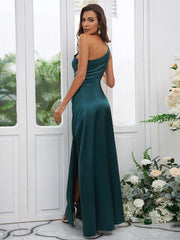 Sheath/Column Elastic Woven Satin Ruched One-Shoulder Sleeveless Floor-Length Bridesmaid Dresses - RongMoon