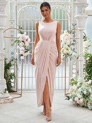 Sheath/Column Jersey Ruched Scoop Sleeveless Ankle-Length Bridesmaid Dresses - RongMoon