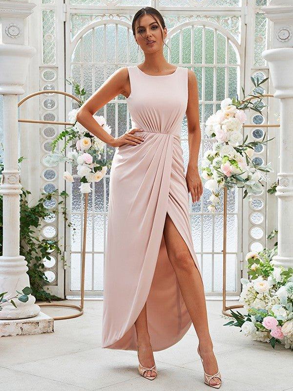 Sheath/Column Jersey Ruched Scoop Sleeveless Ankle-Length Bridesmaid Dresses - RongMoon