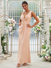 Sheath/Column Jersey Ruched V-neck Sleeveless Floor-Length Bridesmaid Dresses - RongMoon