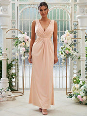 Sheath/Column Jersey Ruched V-neck Sleeveless Floor-Length Bridesmaid Dresses - RongMoon