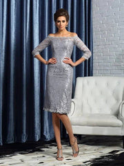 Sheath/Column Off-the-Shoulder Lace 1/2 Sleeves Short Satin Mother of the Bride Dresses - RongMoon