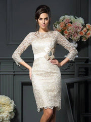 Sheath/Column Scoop Bowknot 3/4 Sleeves Short Lace Mother of the Bride Dresses - RongMoon