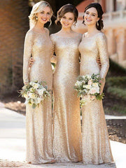 Sheath/Column Sequins Ruched Scoop Long Sleeves Floor-Length Bridesmaid Dresses - RongMoon