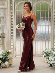 Sheath/Column Sequins Ruched Spaghetti Straps Sleeveless Floor-Length Bridesmaid Dresses - RongMoon