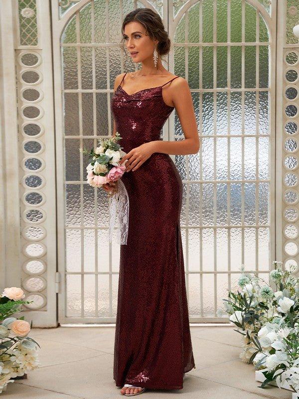 Sheath/Column Sequins Ruched Spaghetti Straps Sleeveless Floor-Length Bridesmaid Dresses - RongMoon