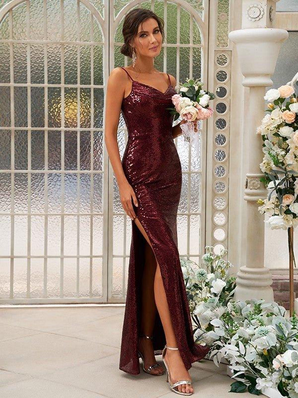 Sheath/Column Sequins Ruched Spaghetti Straps Sleeveless Floor-Length Bridesmaid Dresses - RongMoon