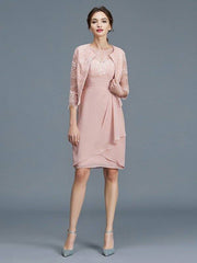 Sheath/Column Sheer Neck Ruffles Chiffon Sleeveless Knee-Length Mother of the Bride Dresses - RongMoon