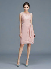 Sheath/Column Sheer Neck Ruffles Chiffon Sleeveless Knee-Length Mother of the Bride Dresses - RongMoon