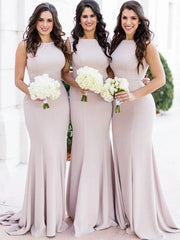 Sheath/Column Sleeveless Sheer Neck Sweep/Brush Train Stretch Crepe Bridesmaid Dresses - RongMoon